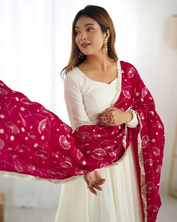 White_&_Dark_Pink_Pure_Romansilk_Premium_&_Elegant_Anarkali_Kurta_&_Pant_Set_With_Dupatta_For_Women