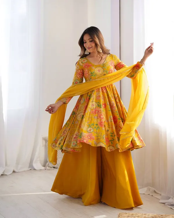 Yellow_Pure_Romansilk_Premium_&_Elegant_Anarkali_Kurta_&_Palazzo_Set_With_Dupatta_For_Women