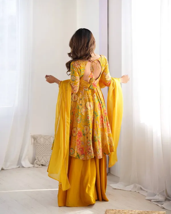 Yellow_Pure_Romansilk_Premium_&_Elegant_Anarkali_Kurta_&_Palazzo_Set_With_Dupatta_For_Women