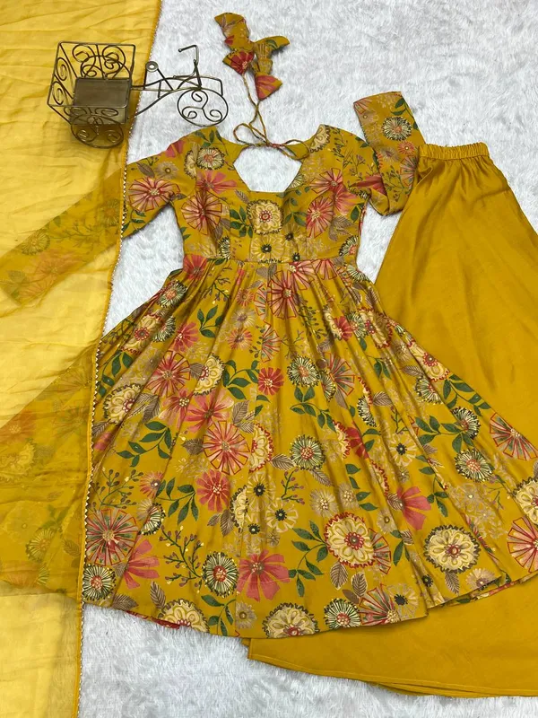 Yellow_Pure_Romansilk_Premium_&_Elegant_Anarkali_Kurta_&_Palazzo_Set_With_Dupatta_For_Women
