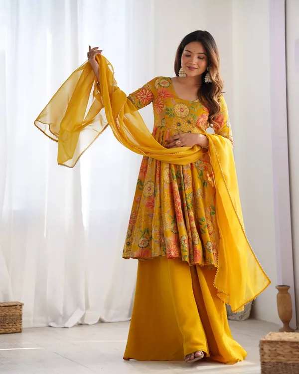 Yellow_Pure_Romansilk_Premium_&_Elegant_Anarkali_Kurta_&_Palazzo_Set_With_Dupatta_For_Women