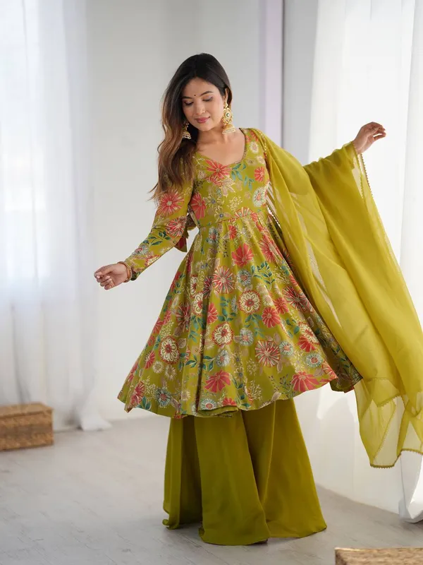 Olive_Green_Pure_Romansilk_Premium_&_Elegant_Anarkali_Kurta_&_Palazzo_Set_With_Dupatta_For_Women