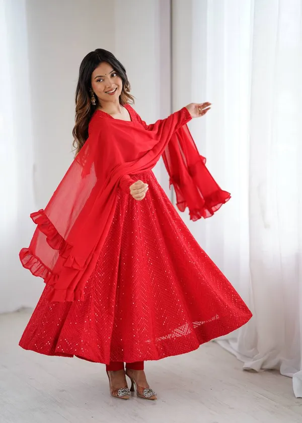 Red_Pure_Romansilk_Premium_&_Elegant_Anarkali_Kurta_&_Pant_Set_With_Dupatta_For_Women
