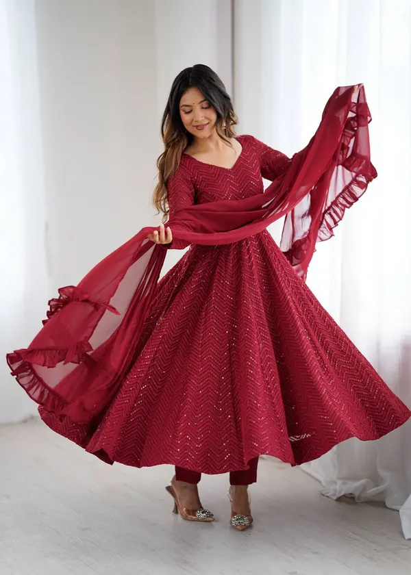 Maroon_Pure_Romansilk_Premium_&_Elegant_Anarkali_Kurta_&_Pant_Set_With_Dupatta_For_Women