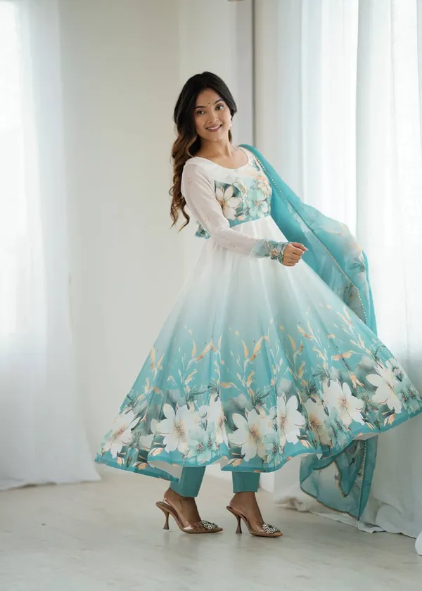 Sky_Blye_&_White_Pure_Romansilk_Premium_&_Elegant_Anarkali_Kurta_&_Pant_Set_With_Dupatta_For_Women