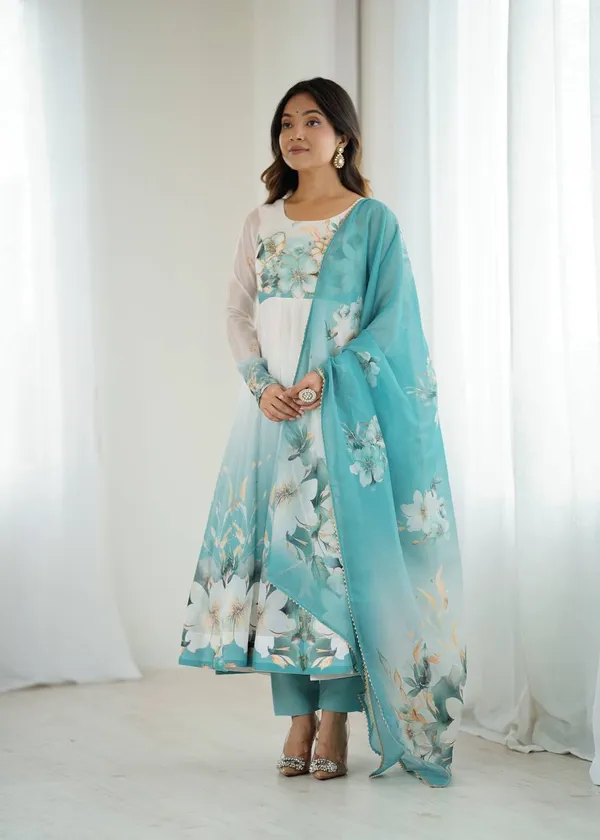 Sky_Blye_&_White_Pure_Romansilk_Premium_&_Elegant_Anarkali_Kurta_&_Pant_Set_With_Dupatta_For_Women