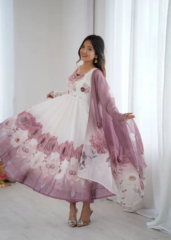 White_Pure_Romansilk_Premium_&_Elegant_Anarkali_Kurta_&_Pant_Set_With_Dupatta_For_Women