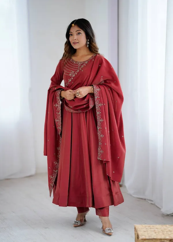 Maroon_Pure_Romansilk_Premium_&_Elegant_Anarkali_Kurta_&_Pant_Set_With_Dupatta_For_Women