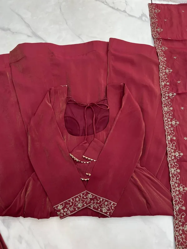 Maroon_Pure_Romansilk_Premium_&_Elegant_Anarkali_Kurta_&_Pant_Set_With_Dupatta_For_Women