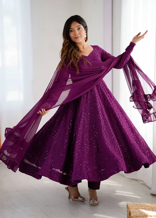 Violet_Pure_Romansilk_Premium_&_Elegant_Anarkali_Kurta_&_Pant_Set_With_Dupatta_For_Women