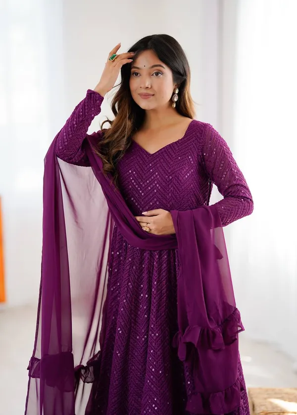 Violet_Pure_Romansilk_Premium_&_Elegant_Anarkali_Kurta_&_Pant_Set_With_Dupatta_For_Women