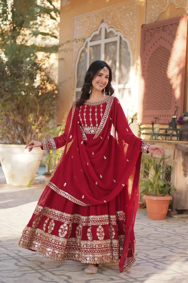 Deep_Maroon_Faux_Blooming_Gown_With_Zari_Sequins_Embroidered_Dupatta_With_Designer_Lace_Border_For_Women