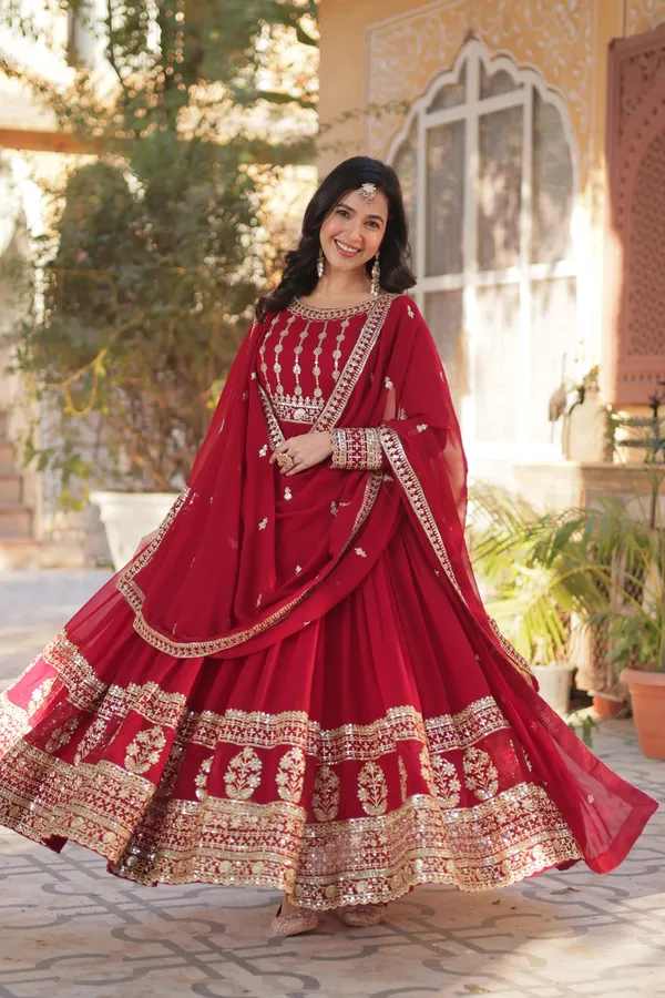 Deep_Maroon_Faux_Blooming_Gown_With_Zari_Sequins_Embroidered_Dupatta_With_Designer_Lace_Border_For_Women