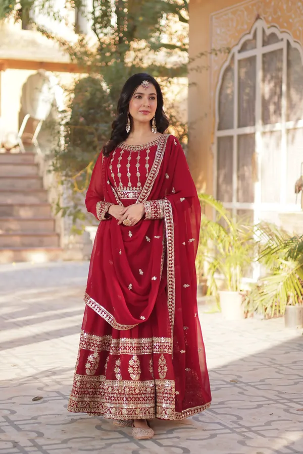 Deep_Maroon_Faux_Blooming_Gown_With_Zari_Sequins_Embroidered_Dupatta_With_Designer_Lace_Border_For_Women