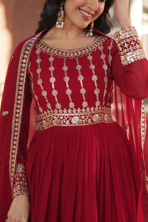 Deep_Maroon_Faux_Blooming_Gown_With_Zari_Sequins_Embroidered_Dupatta_With_Designer_Lace_Border_For_Women