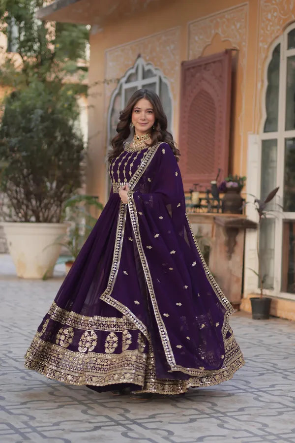 Deep_Crimson_Pink_Faux_Blooming_Gown_With_Zari_Sequins_Embroidered_Dupatta_With_Designer_Lace_Border_For_Women