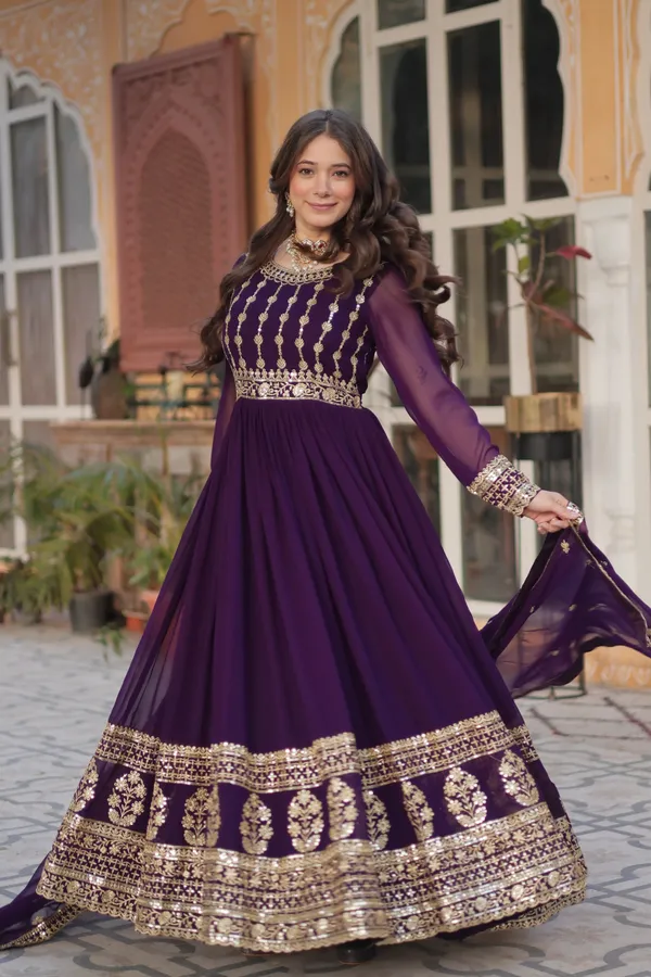 Deep_Crimson_Pink_Faux_Blooming_Gown_With_Zari_Sequins_Embroidered_Dupatta_With_Designer_Lace_Border_For_Women