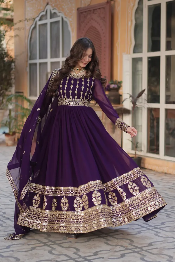 Deep_Crimson_Pink_Faux_Blooming_Gown_With_Zari_Sequins_Embroidered_Dupatta_With_Designer_Lace_Border_For_Women