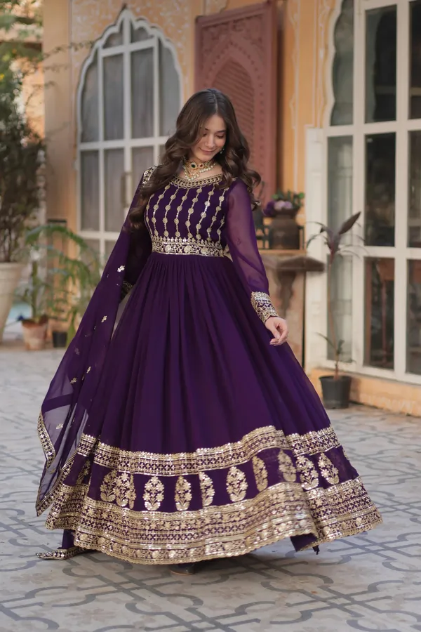 Deep_Crimson_Pink_Faux_Blooming_Gown_With_Zari_Sequins_Embroidered_Dupatta_With_Designer_Lace_Border_For_Women