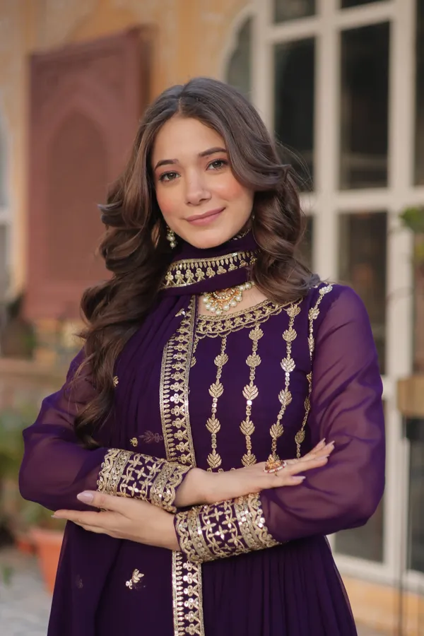 Deep_Crimson_Pink_Faux_Blooming_Gown_With_Zari_Sequins_Embroidered_Dupatta_With_Designer_Lace_Border_For_Women