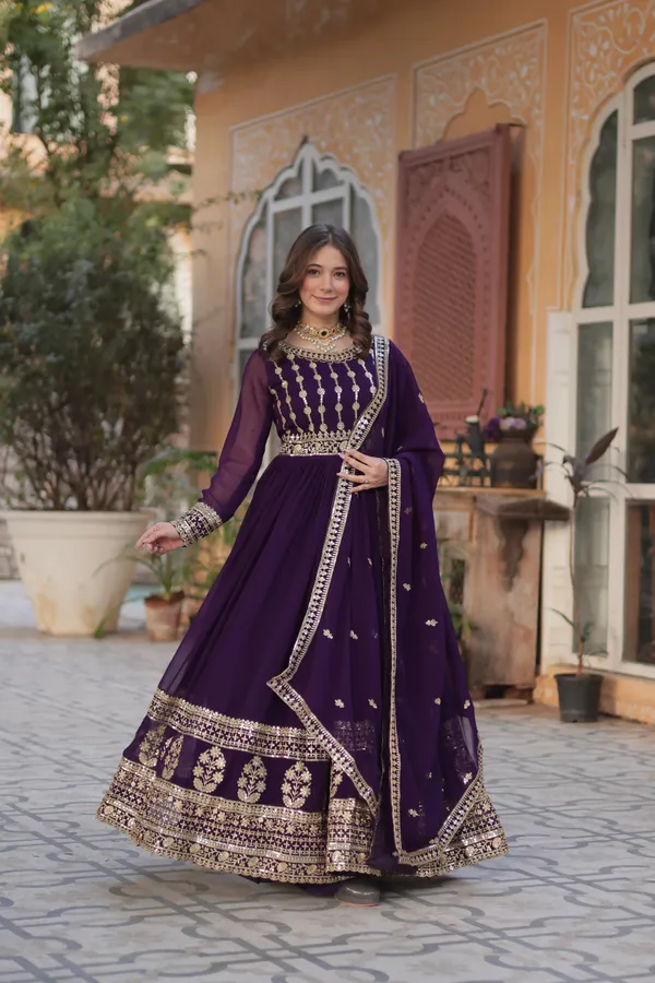 Deep_Crimson_Pink_Faux_Blooming_Gown_With_Zari_Sequins_Embroidered_Dupatta_With_Designer_Lace_Border_For_Women