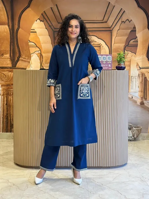 Deep_Blue_Cotton_Premium_&_Elegant_Kurta_&_Pant_Set_For_Women