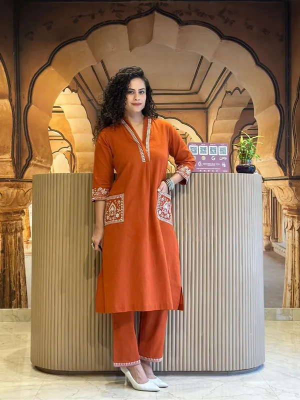 Orange_Cotton_Premium_&_Elegant_Kurta_&_Pant_Set_For_Women
