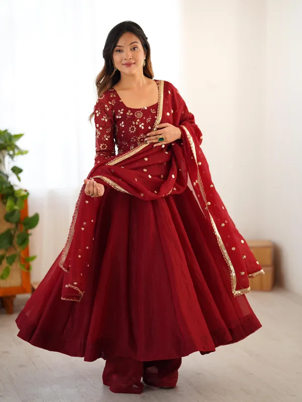 Maroon_Silk_Fully_Flared_Embroidered_Gown_With_Pant_&_Dupatta