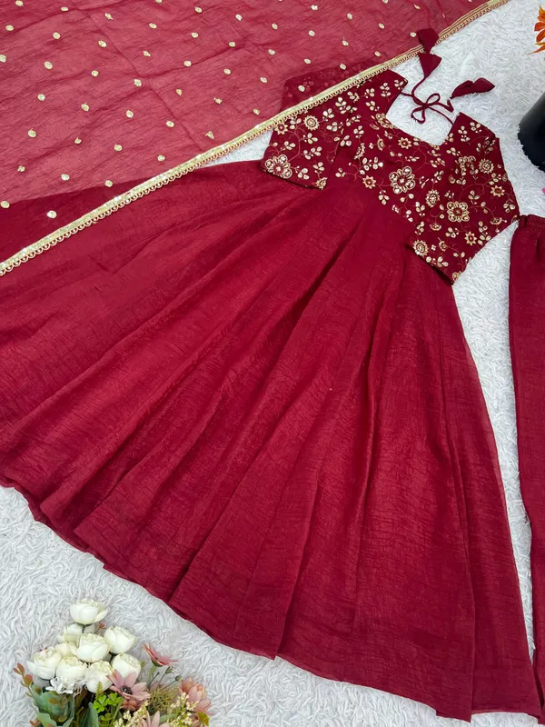 Maroon_Silk_Fully_Flared_Embroidered_Gown_With_Pant_&_Dupatta