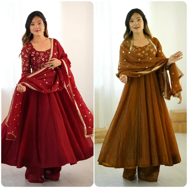 Maroon_Silk_Fully_Flared_Embroidered_Gown_With_Pant_&_Dupatta