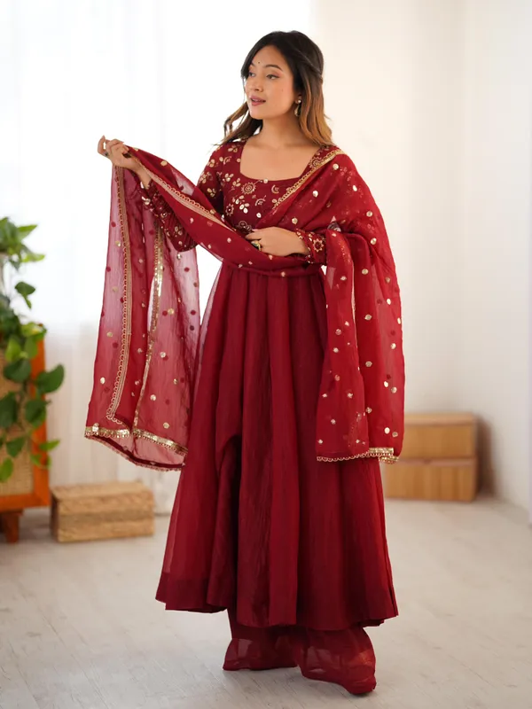 Maroon_Silk_Fully_Flared_Embroidered_Gown_With_Pant_&_Dupatta