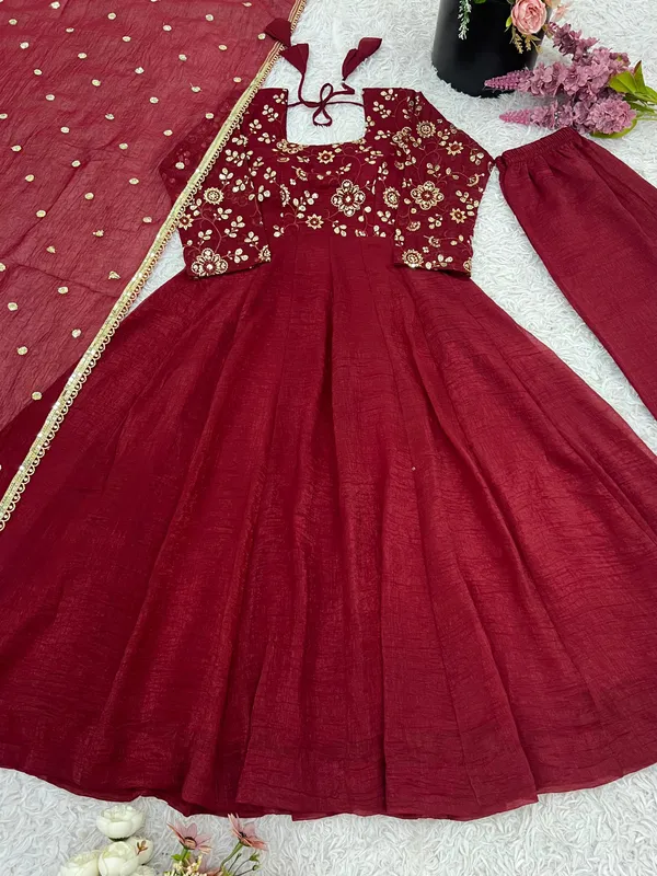 Maroon_Silk_Fully_Flared_Embroidered_Gown_With_Pant_&_Dupatta