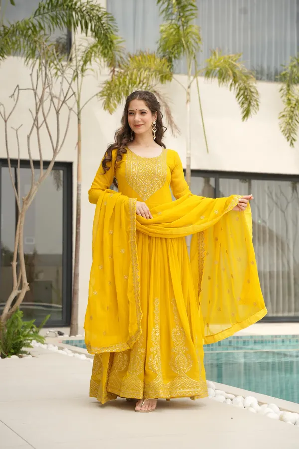 Yellow_Faux_Zari_Sequins_Anarkali_With_Dupatta_Heavy_Flair_Designer