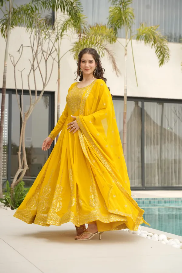 Yellow_Faux_Zari_Sequins_Anarkali_With_Dupatta_Heavy_Flair_Designer
