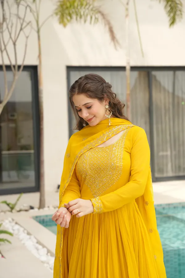 Yellow_Faux_Zari_Sequins_Anarkali_With_Dupatta_Heavy_Flair_Designer