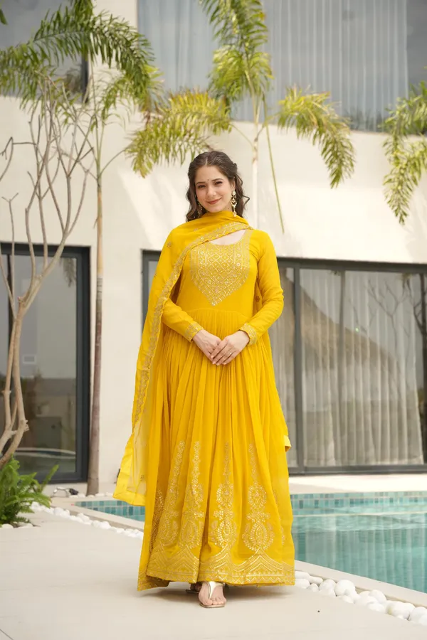 Yellow_Faux_Zari_Sequins_Anarkali_With_Dupatta_Heavy_Flair_Designer