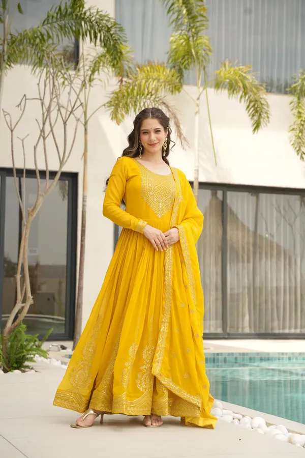 Yellow_Faux_Zari_Sequins_Anarkali_With_Dupatta_Heavy_Flair_Designer