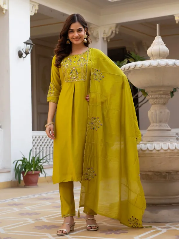 Yellow_Designer_Embroidered_Kurti_Pant_Set_with_Maslin_Dupatta