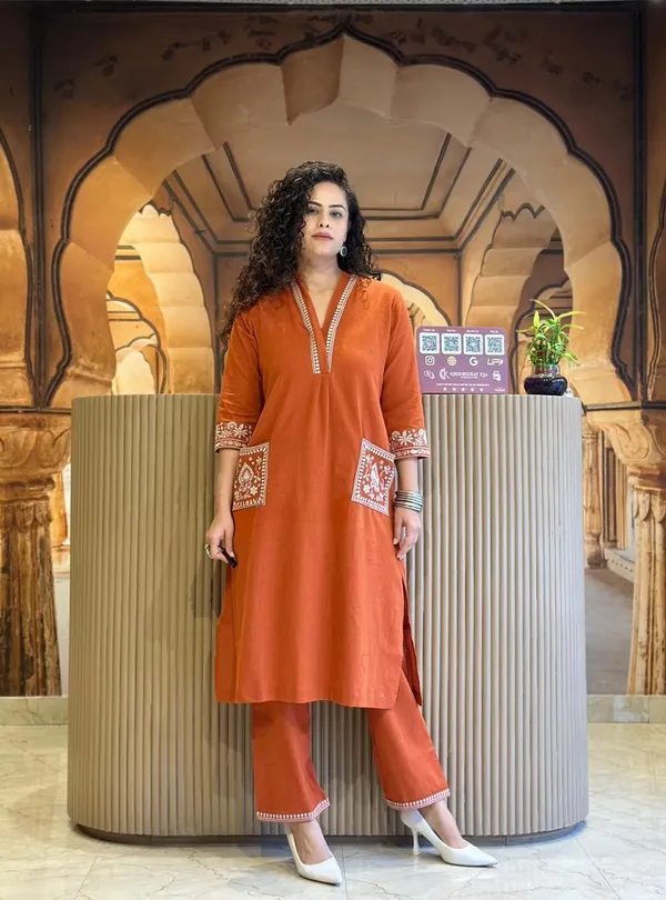 Orange_Cotton_Premium_&_Elegant_Kurta_&_Pant_Set_For_Women