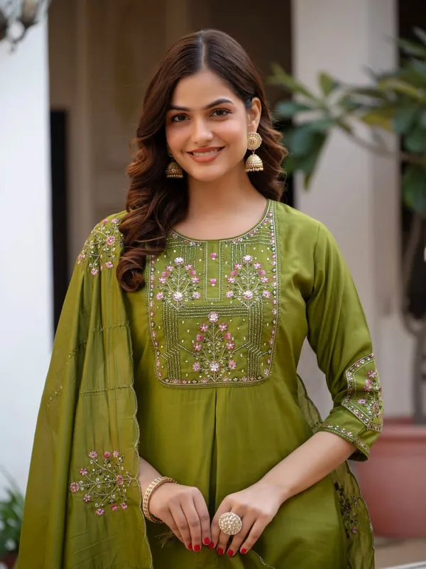 Green_Designer_Embroidered_Kurti_Pant_Set_with_Maslin_Dupatta