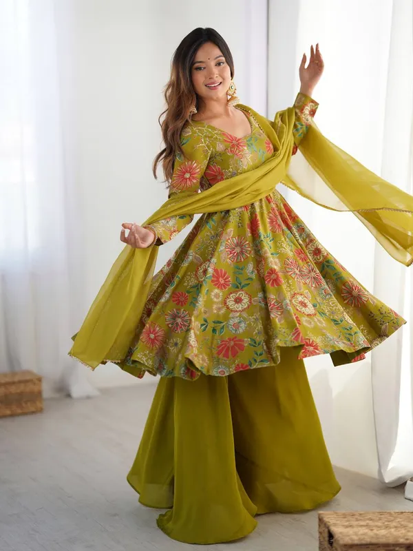 Olive_Green_Pure_Romansilk_Premium_&_Elegant_Anarkali_Kurta_&_Palazzo_Set_With_Dupatta_For_Women
