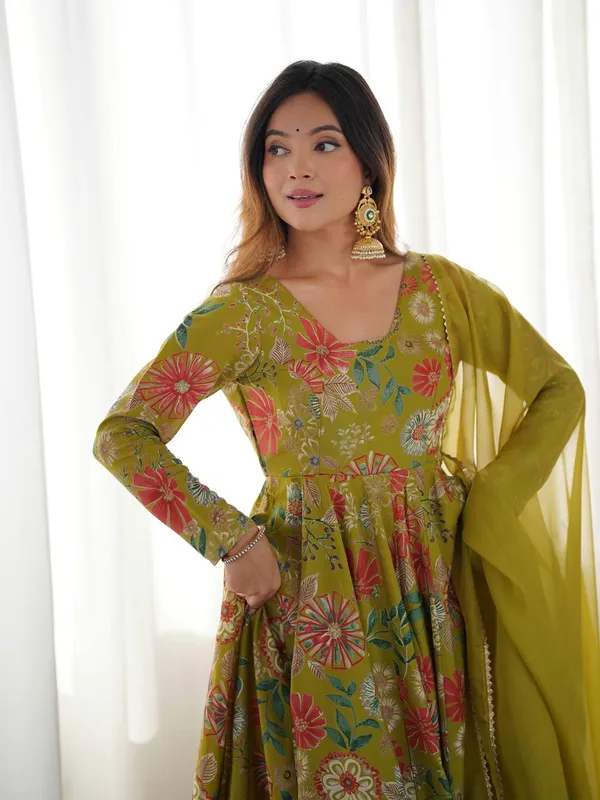 Olive_Green_Pure_Romansilk_Premium_&_Elegant_Anarkali_Kurta_&_Palazzo_Set_With_Dupatta_For_Women