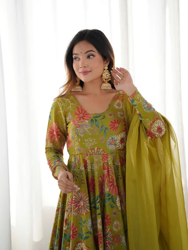 Olive_Green_Pure_Romansilk_Premium_&_Elegant_Anarkali_Kurta_&_Palazzo_Set_With_Dupatta_For_Women