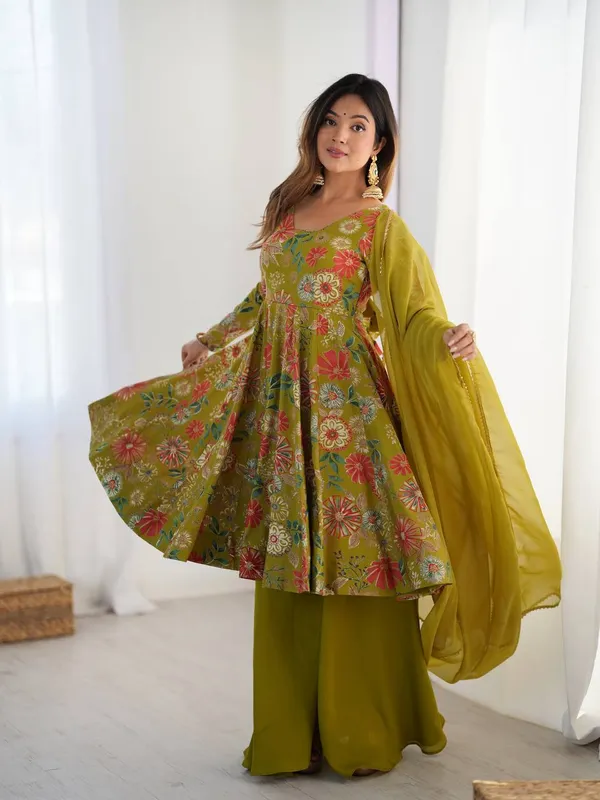 Olive_Green_Pure_Romansilk_Premium_&_Elegant_Anarkali_Kurta_&_Palazzo_Set_With_Dupatta_For_Women