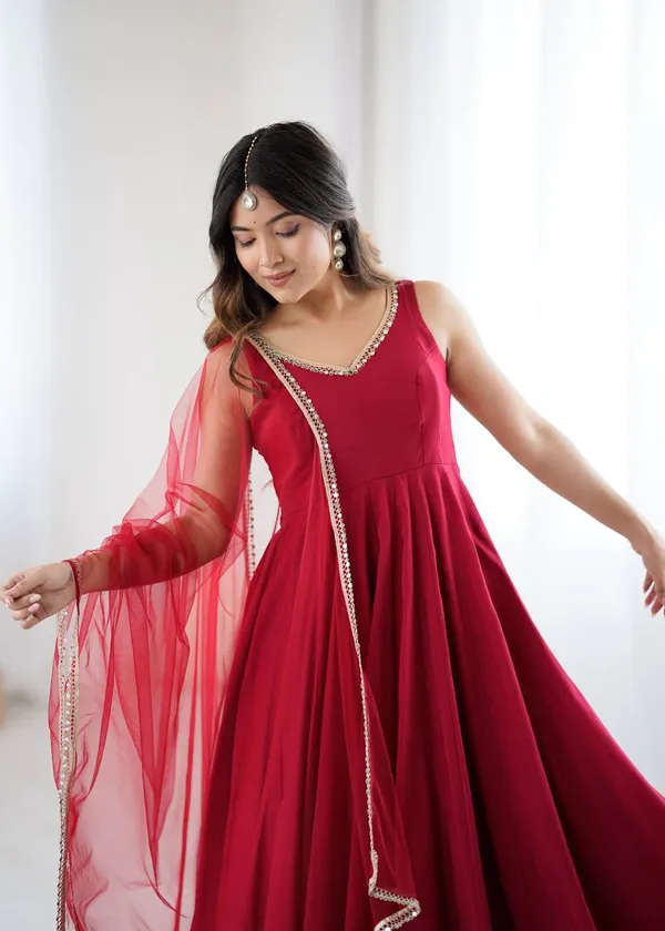 Maroon_Pure_Romansilk_Premium_&_Elegant_Anarkali_Kurta_&_Pant_Set_With_Dupatta_For_Women