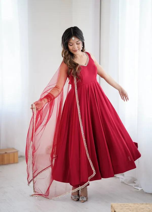 Maroon_Pure_Romansilk_Premium_&_Elegant_Anarkali_Kurta_&_Pant_Set_With_Dupatta_For_Women