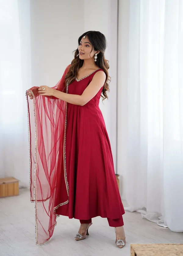 Maroon_Pure_Romansilk_Premium_&_Elegant_Anarkali_Kurta_&_Pant_Set_With_Dupatta_For_Women