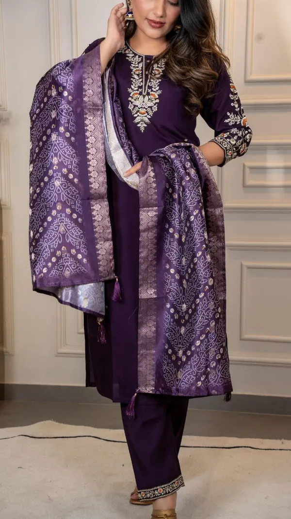 Dark_Purple_Roman_Silk_Premium_&_Elegant_Kurta_&_Pant_Set_With_Dupatta_For_Women