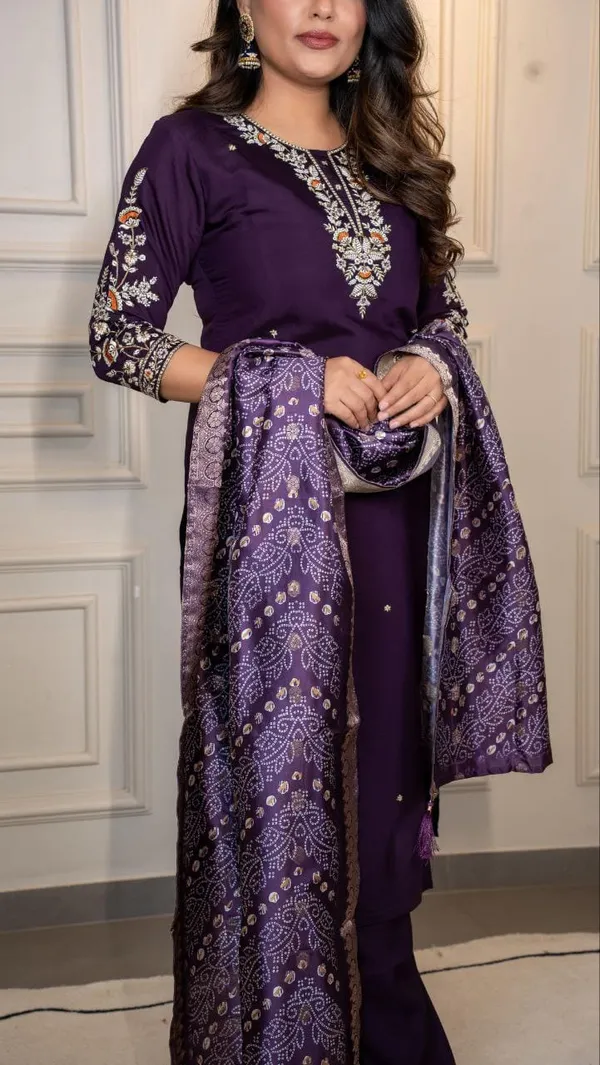 Dark_Purple_Roman_Silk_Premium_&_Elegant_Kurta_&_Pant_Set_With_Dupatta_For_Women