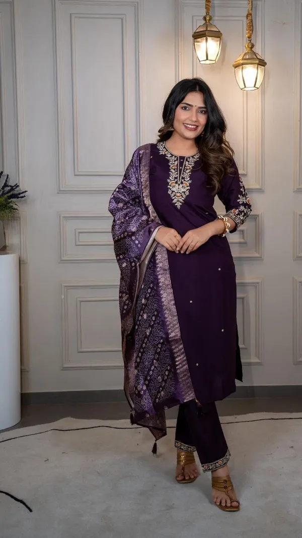 Dark_Purple_Roman_Silk_Premium_&_Elegant_Kurta_&_Pant_Set_With_Dupatta_For_Women